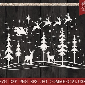 May include: White silhouette of Santa Claus flying in a sleigh pulled by reindeer over a snowy forest with stars. The forest is filled with pine trees and deer.