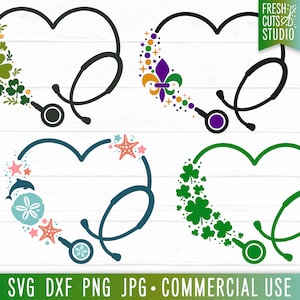 May include: Four different designs of a stethoscope shaped into a heart with various decorative elements. The designs include shamrocks, a fleur-de-lis, seashells, and stars. The text "SVG DXF PNG JPG - COMMERCIAL USE" is at the bottom of the image.