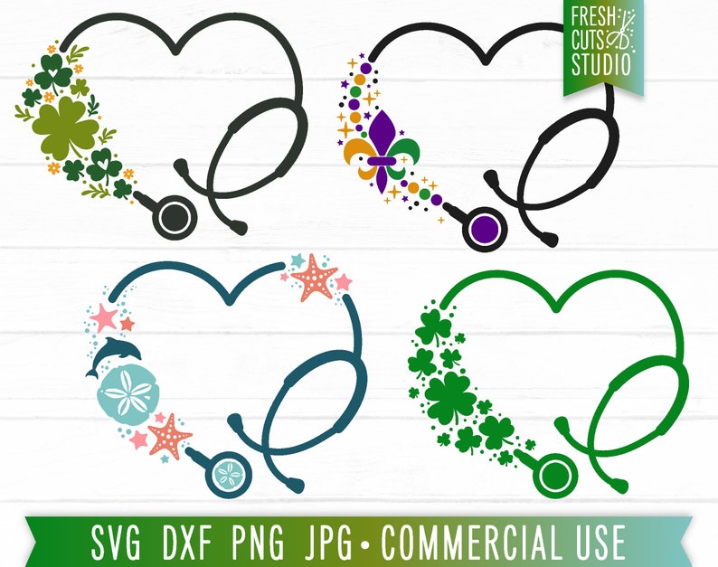 May include: Four different designs of a stethoscope shaped into a heart with various decorative elements. The designs include shamrocks, a fleur-de-lis, seashells, and stars. The text "SVG DXF PNG JPG - COMMERCIAL USE" is at the bottom of the image.
