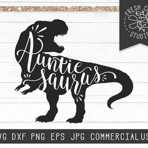 May include: Black and white silhouette of a dinosaur with the text "Auntie Saurus" written inside the silhouette.