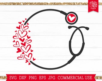 Heart Stethoscope SVG Valentines Day svg for Nurse Cut File Cricut, Silhouette, Hand Drawn Heart svg, Circle Stethoscope Monogram Frame png