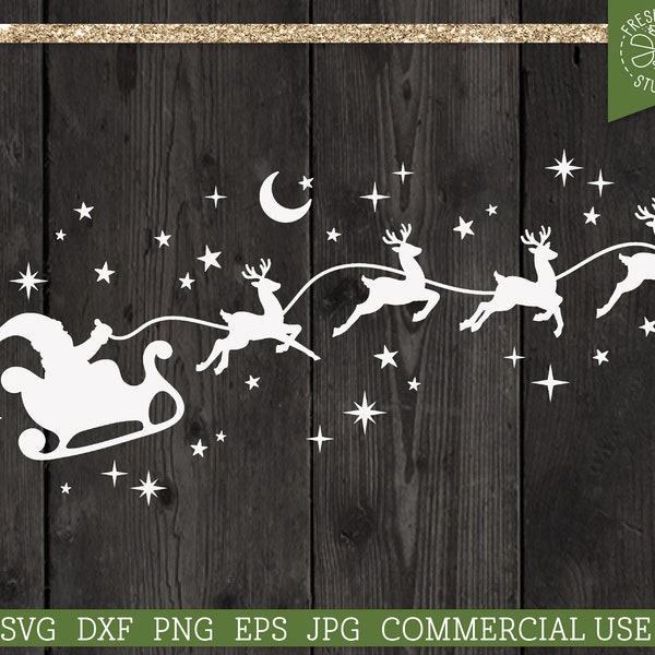 Santa’s Sleigh SVG Reindeer Silhouette, Nuit de la veille de Noël, Nuit d’hiver étoilée, Père Noël magique dxf png jpg eps, Fichier coupé à usage commercial