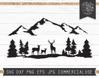 Herten Familie SVG Bestand, Herten SVG Cut File voor Cricut, Bergen svg, Herten in Bossen, Bos svg, Pine Trees svg, Doe en fawn, Wildlife svg dxf