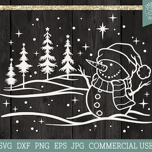 May include: A white silhouette of a snowman with a hat and scarf standing in a snowy landscape with trees and stars.