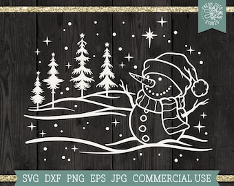 Snowman Scene SVG Christmas Cheer Cut file, Snowy Winter Scene Svg, Vinyl Decal design, Snowman Svg Snowing, Winter Scene, Pine Trees, Magic