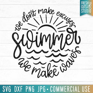 May include: Black and white graphic design with a sun and waves. The text reads "We don't make excuses, we make waves. Summer."