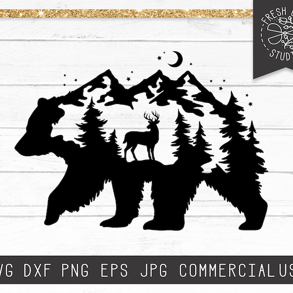 Bear SVG File, Bear in the Woods, Bear Mountain Svg, Mountains svg, Camping svg, Pine Trees, Deer SVG Buck Vinyl Decal Design, dxf png eps