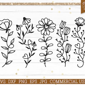 Wildflower SVG Bundle, Floral Flowers SVG Cut File for Cricut Silhouette Files, Hand Drawn Sunflower, Gardening Garden Png dxf eps jpg Line