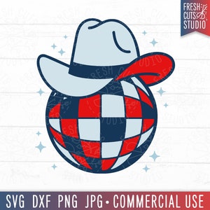Disco Ball SVG Cut File, Disco Ball Clipart Image, Red White Blue 4th of July svg, Cowboy Hat svg, Country Disco svg, Cowgirl svg png Vector