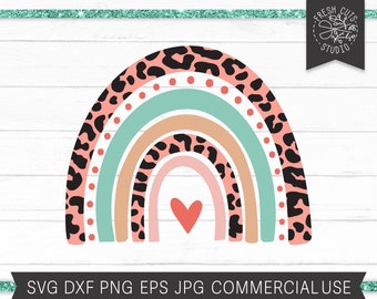 Leopard Regenbogen SVG geschnitten Datei für Cricut, Regenbogen mit Leopard Print-Datei PNG für Sublimation, Kindergarten Baby Wand Kunst bedruckbar, Herz Mint