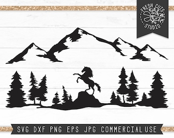 Wild Horse Svg Cut File, Mountain Silhouette Svg, Pine Forest Svg, Stallion svg, Mustang Svg, Horse Silhouette, Mountain svg, Woodland svg