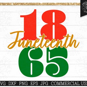 以下が含まれることがあります： 赤と緑の数字1865と、金色の文字で「Juneteenth」と書かれたデジタルデザインです。