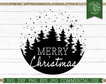 Merry Christmas SVG, Snowy Forest Trees Circle Scene Cut File, Starry Holiday Png