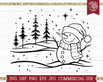 Snowman Scene SVG Christmas Cheer Cut file, Snowy Winter Scene Svg, Vinyl Decal design, Snowman Svg Snowing, Winter Scene, Pine Trees, Magic