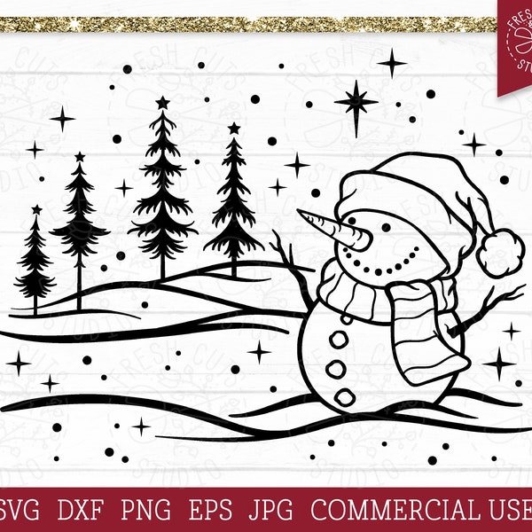 Snowman Scene SVG Christmas Cheer Cut file, Snowy Winter Scene Svg, Vinyl Decal design, Snowman Svg Snowing, Winter Scene, Pine Trees, Magic