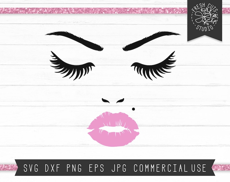 May include: A black and white illustration of a woman's face with closed eyes, thick eyelashes, a nose, and pink lips.
