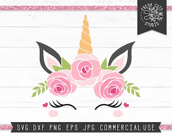 Unicorn Face SVG Cut File, Files for Cricut, Instant Download, Floral Unicorn Birthday, Eyelashes, Sweet Unicorn Flower Crown Svg Design