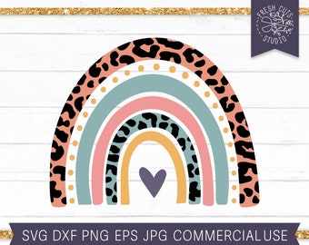 Leopard Regenbogen SVG geschnitten Datei für Cricut, Regenbogen mit Leopard Print-Datei PNG für Sublimation, Kindergarten Baby Wandkunst, Herz, Retro Petrol Mint