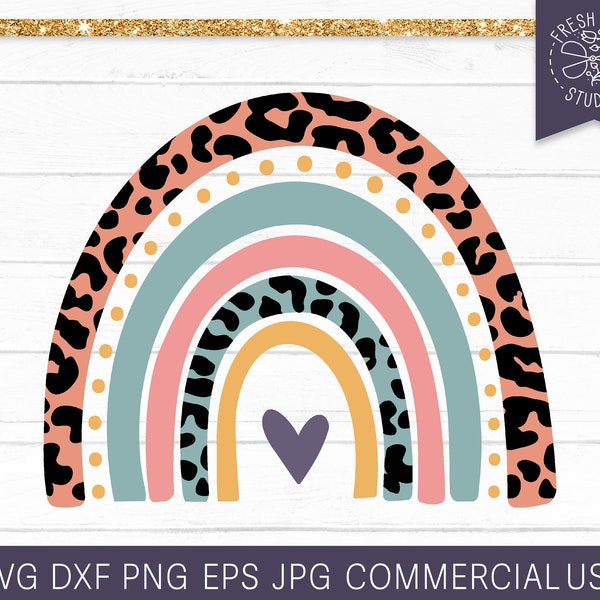 Leopard Rainbow SVG Cut File for Cricut, Rainbow with Leopard Print File PNG for Sublimation, Nursery Baby Wall Art, Heart, Retro Teal Mint