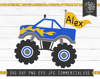 Monster Truck SVG, Monster Truck Shirt Design, Monster Truck with Flames Svg, Monogram Name Frame Cut File for Cricut, Silhouette, Truck Svg