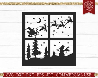 May include: Black silhouette of a window with four panes. The top left pane shows Santa Claus flying in a sleigh pulled by reindeer. The top right pane shows three reindeer flying. The bottom left pane shows two pine trees. The bottom right pane shows a snowman with a hat and scarf.