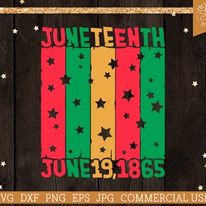 May include: A digital design featuring the words "JUNETEENTH" and "JUNE 19, 1865" in a bold, red, green, and yellow striped design. The design is surrounded by small stars.