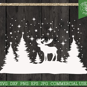 Winter Scene SVG Cut File for Cricut, Moose svg, Snowy Woods svg, Snowy Christmas Svg Scene, Pine Trees, Snow, Christmas Moose svg dxf png