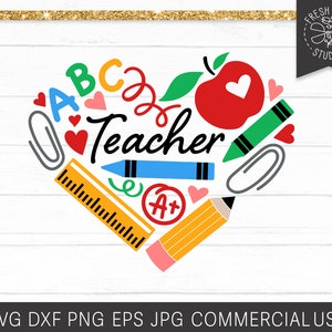 Arquivo de corte SVG do professor, Material escolar para ensino do coração, Apreciação do professor, Lápis de giz de cera Apple, Uso comercial, Arquivo de impressão Png, Ensinar svg