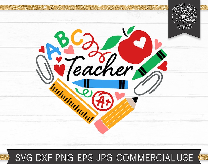 K&ouml;nnte beinhalten: Ein farbenfrohes Herz-Grafik mit Elementen der Schule. Das Wort "Teacher" steht im Zentrum, umgeben von einem Apfel, Bleistift, Buntstift, Lineal, B&uuml;roklammern und den Buchstaben "ABC".
