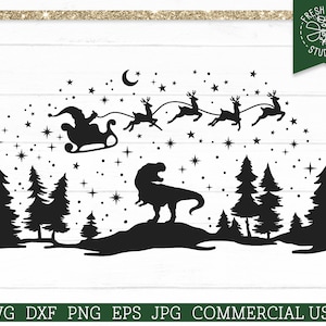 Christmas Dinosaur SVG T-rex Cut file for Cricut Silhouette Cameo, Winter Rustic Scene, Snowy Pine Tree Forest, Funny Xmas, Reindeer png dxf