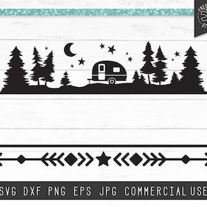 Camper SVG Monogram Frame Cut Files per Cricut, Camping Family Name Split Frame, Starry Forest SVG, Pine Trees svg, Woodland Mountains