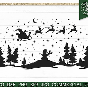Noite de Natal SVG, trenó de Papai Noel SVG, cena de boneco de neve Svg, silhueta de rena, floresta estrelada Svg, pinheiros, silhueta de Santa dxf png eps