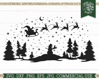 Christmas Night SVG, Santa Sleigh SVG, Snowman Svg Scene, Reindeer Silhouette, Starry Forest Svg, Pine Trees, Santa Silhouette dxf png eps