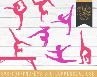 Gymnast Silhouette Cut Files Svg, Dxf, PNG, Vector Graphics, Gymnastics Pink Purple Poses, for Cricut Cameo, Vinyl Stickers, Gymnast, Beam