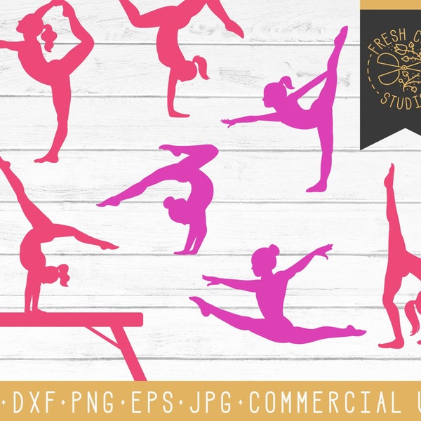Gymnast Silhouette Cut Files Svg, Dxf, PNG, Vector Graphics, Gymnastics Pink Purple Poses, for Cricut Cameo, Vinyl Stickers, Gymnast, Beam