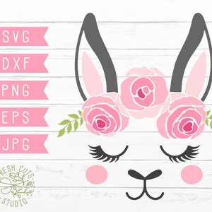 May include: A pink and grey llama face with closed eyes and eyelashes. The llama is wearing a pink flower crown with green leaves.