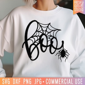Boo Spider SVG Halloween Spooky Cut File, Cute Halloween Shirt PNG Sublimation Design, Boo png, Spiderweb, Halloween svg png dxf jpg