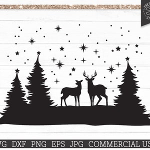 Escena de invierno SVG Archivo de corte para Cricut, Deer svg, Snowy Woods svg, Snowy Christmas Svg Scene, Pine Trees, Snow, Christmas Deer svg dxf png