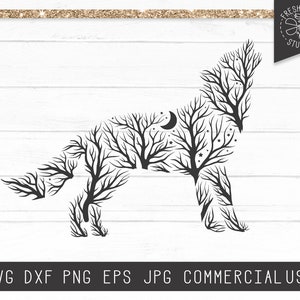 May include: Black silhouette of a wolf made of tree branches with a crescent moon and stars inside the silhouette.