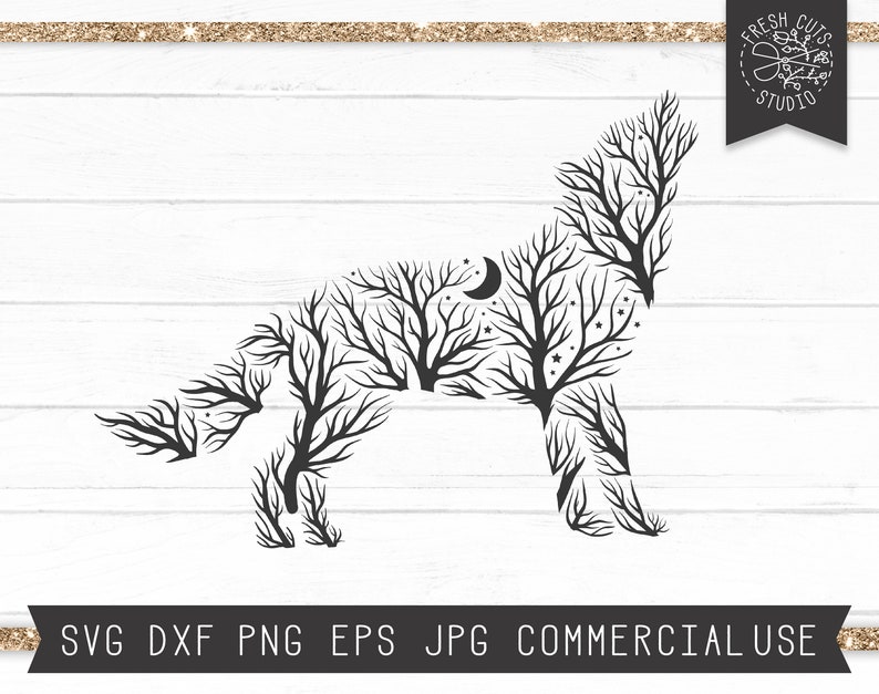 May include: Black silhouette of a wolf made of tree branches with a crescent moon and stars inside the silhouette.