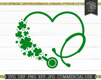 Heart Stethoscope SVG St Patrick's Day Lucky Nurse Cut File for Cricut, Shamrocks Clover, Irish, Commercial Use svg dxf png Sublimation File