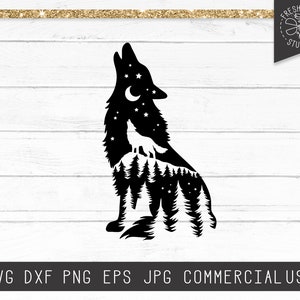 May include: Black silhouette of a howling wolf with a forest scene inside its body. The design includes a moon and stars, and the text "Fresh Cuts Studio" is visible. The image is on a white wood-grain background.