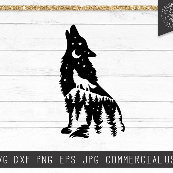 Howling Wolf SVG Silhouette Cut Out Design, Mountain Wolf svg, Pine forest svg Trees, Vinyl Decal Design, Wolves svg, Hiking Shirt design