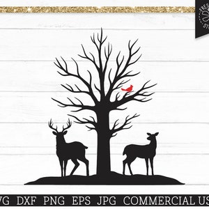 Cardinal SVG Memorial Cut File, Deer Under Tree with Cardinal, Grief Loss Remembrance, Red Cardinal on Tree Branch, Buck Doe, Winter Tree