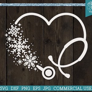 Cadre monogramme SVG stéthoscope coeur, Noël infirmière SVG hiver flocon de neige stéthoscope coupe fichier pour Cricut, Silhouette dxf eps svg png jpg