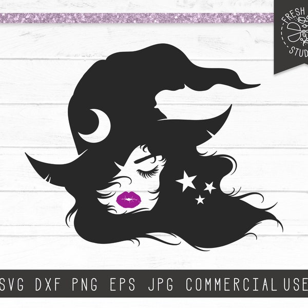 Witch SVG Cut File Design Instant Download, Witch Face SVG, Eyelashes Svg, Lips SVG, Pretty Witch, Witch Hat Svg Files for Cricut Dxf Png