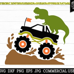 T Rex Monster Truck SVG Cut File, Dinosaur svg, Truck with Dinosaur, Mudding, Muddy Truck svg, Boys Shirt svg, T-Rex svg png Sublimation