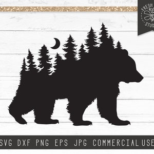 Bear SVG Cut File for Cricut, Rustic Pine Forest Svg, Grizzly Bear svg, Woodland svg, Wildlife Bear Silhouette, Forest Silhouette Dxf Png
