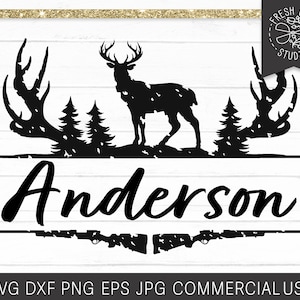May include: Black and white silhouette of a deer with antlers, two trees, and a rifle. The name "Anderson" is written in a stylized font below the deer. The text "SVG DXF PNG EPS JPG COMMERCIAL USE" is at the bottom of the image.