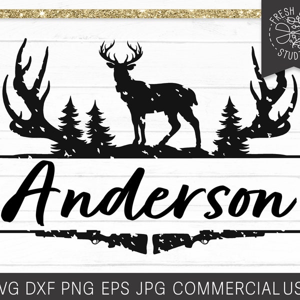 Distressed Deer Hunting Frame SVG, Deer Split Frame, Rifle Hunter, Pine Trees, Deer Antlers Name Frame, Deer Monogram, Cut File for Cricut